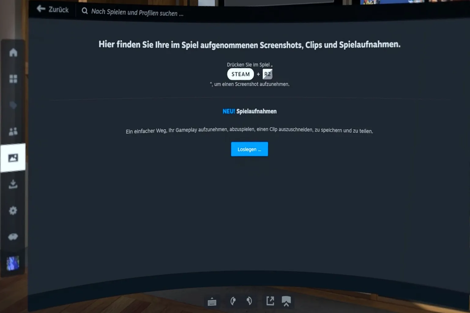 Im SteamVR-Medienmenü wird erklärt, wie du Screenshots und aufgezeichnete Videos aus dem Spiel anzeigen kannst.