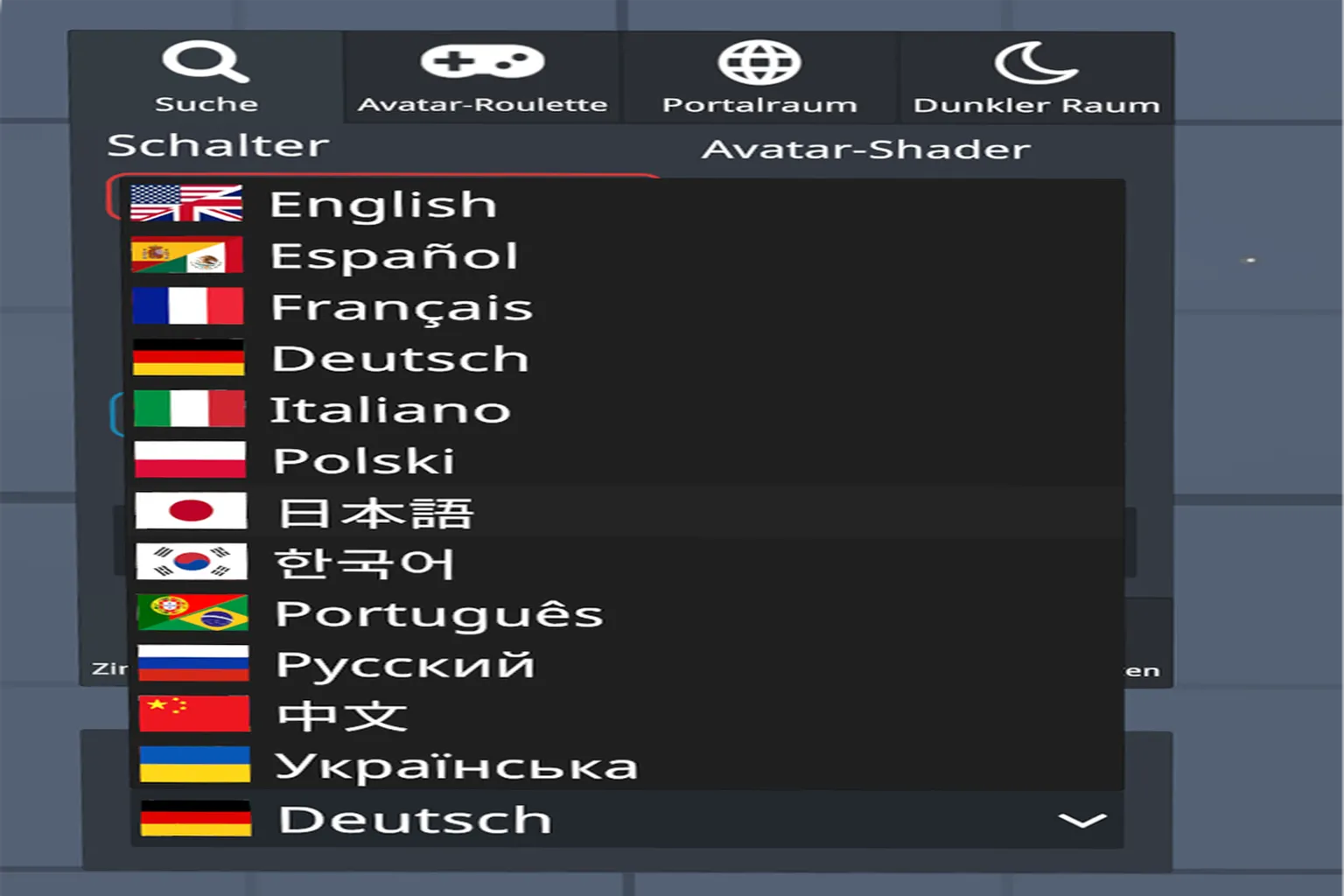 Sprachmenü von Prismic Avatar Search mit Unterstützung für Englisch, Deutsch, Französisch, Japanisch, Chinesisch und Koreanisch.