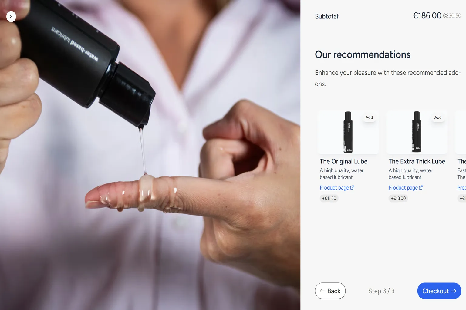 Empfohlene Zubehörseite für The Handy, zeigt Gleitmittel und Zusatzprodukte mit Preisoptionen