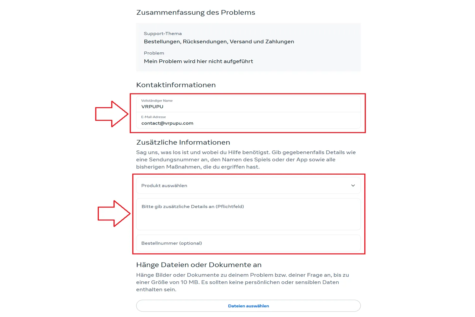 Meta-Support-Kontaktformular. Der Nutzer trägt Name und E-Mail ein, wählt Meta Quest als Produkt aus und bereitet das Absenden der Support-Anfrage vor.