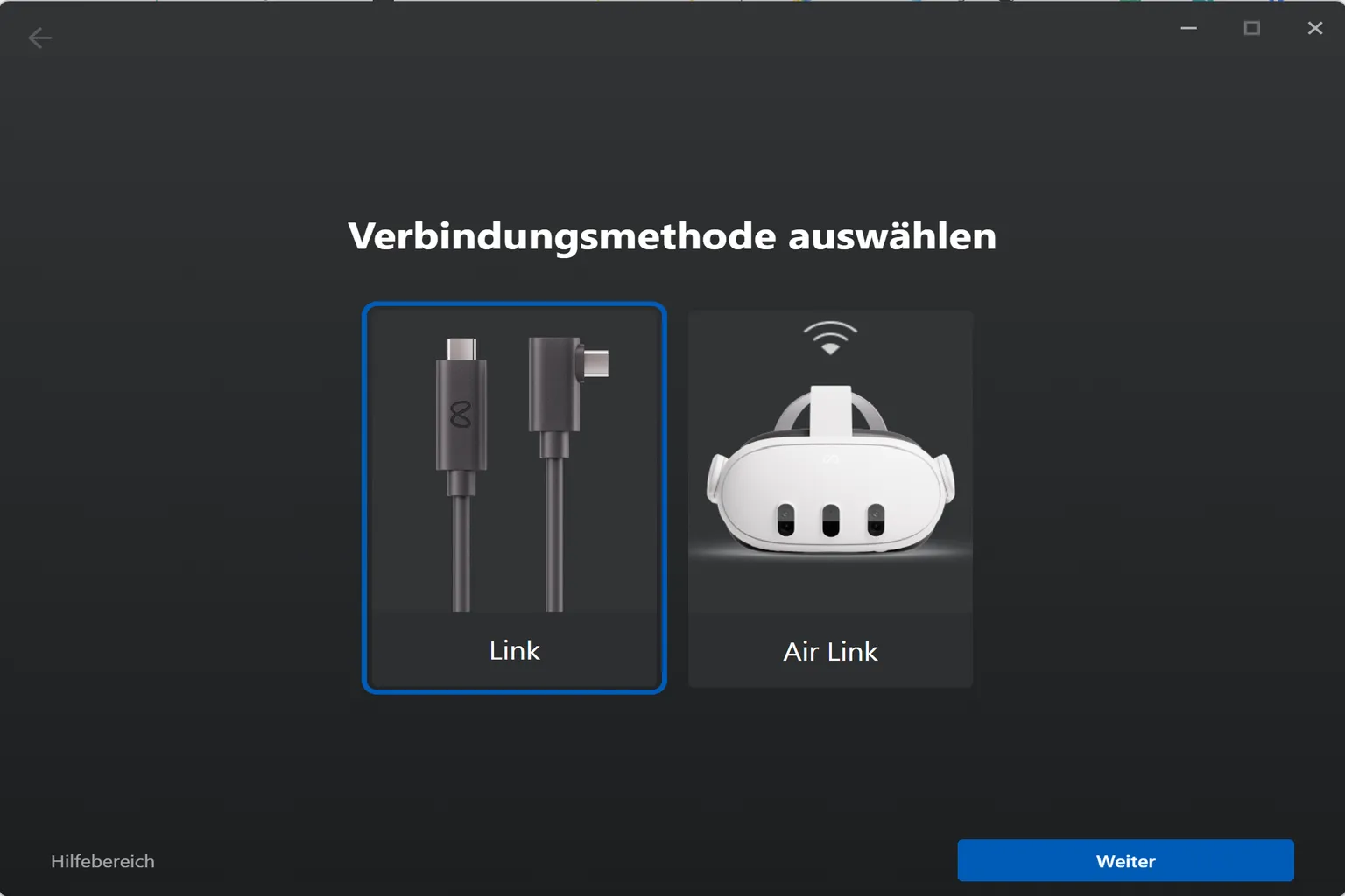 Auswahl des Verbindungsmodus mit Link-Kabel (kabelgebunden) oder Air Link (drahtlos)