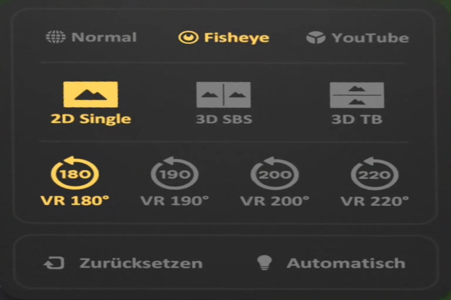 Fisheye-Modus-Einstellungen in SKYBOX mit Unterstützung für VR-Wiedergabe und einem Sichtfeld von 180 bis 220 Grad.