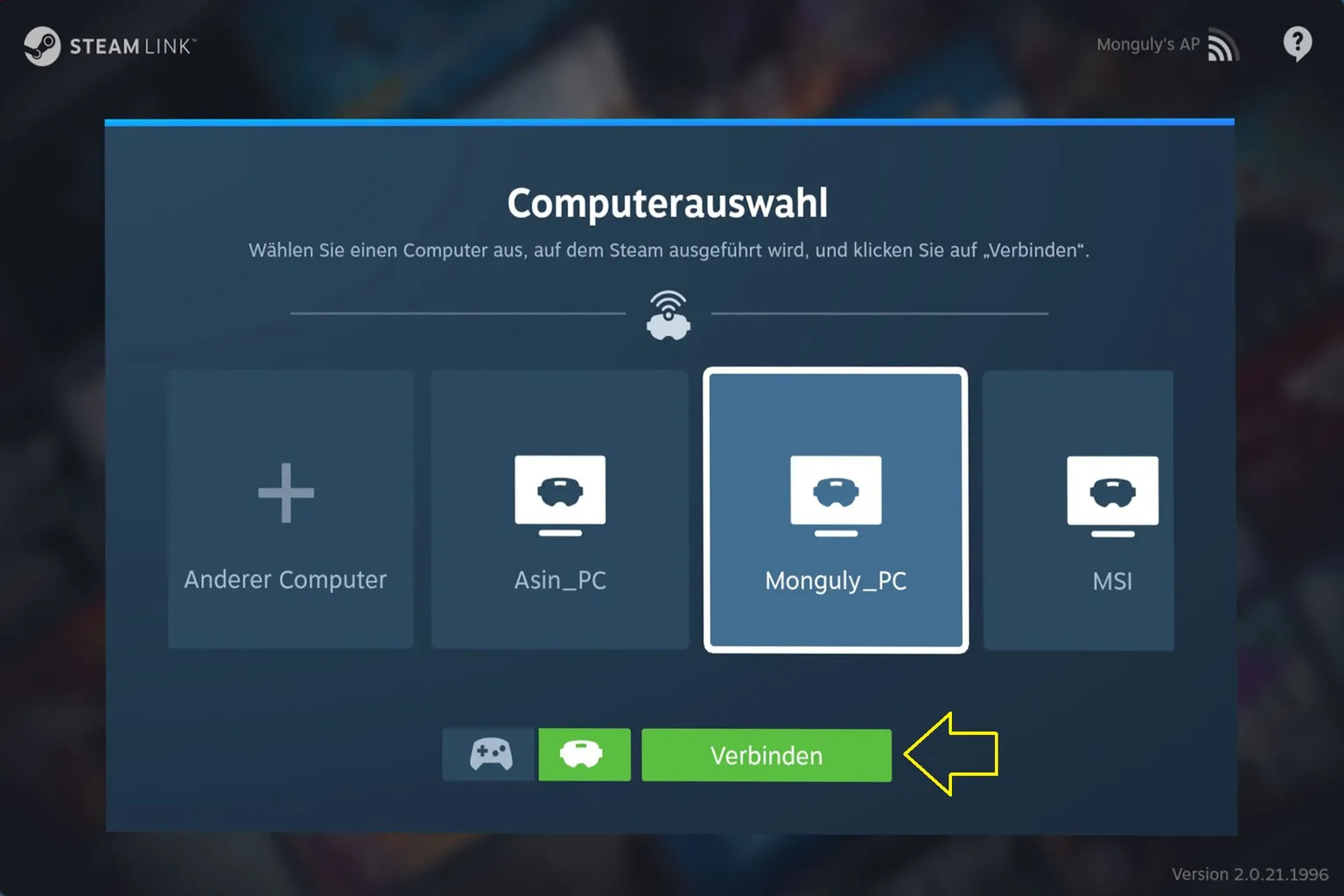 Sobald der Name des verbundenen PCs in Steam Link erscheint, drücke den grünen Button, um die Kopplung zu bestätigen und die Verbindung abzuschließen.