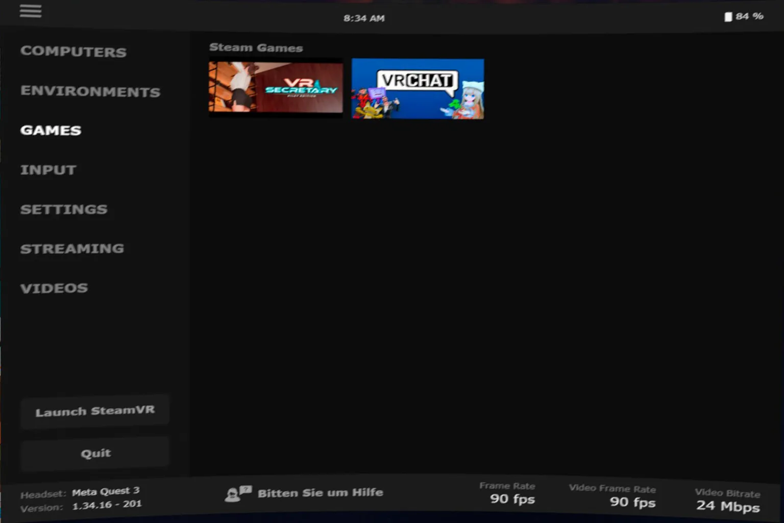 Auf der SteamVR-Spielauswahlseite innerhalb der Virtual Desktop VR-Oberfläche siehst du eine Liste der auf deinem PC installierten SteamVR-kompatiblen Titel.
