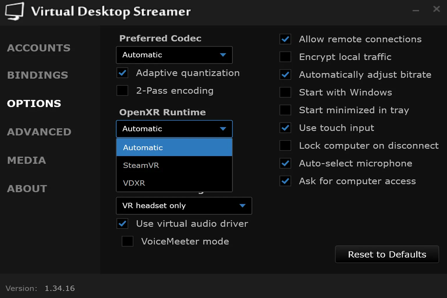 Im Menü für OpenXR Runtime kannst du festlegen, ob VR-Apps über SteamVR oder VDXR (Virtual Desktop OpenXR Runtime) laufen.