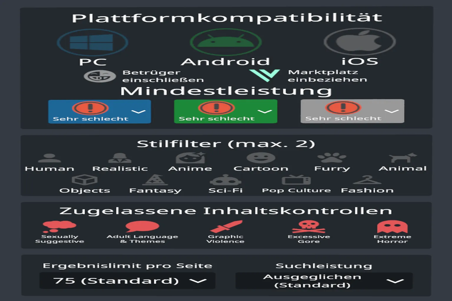 Steuerungsoptionen von Prismic Avatar Search mit Plattformkompatibilität, Stilfiltern und Einstellungen für erlaubte Inhalte.