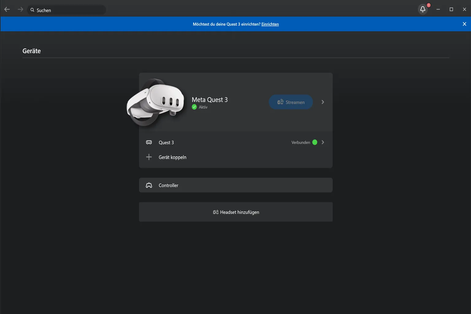 Meta Horizon Link Verbindungsseite zeigt die Auswahl zwischen Verbindung über USB-Kabel oder über WLAN zur Verbindung von Quest 3 mit dem PC