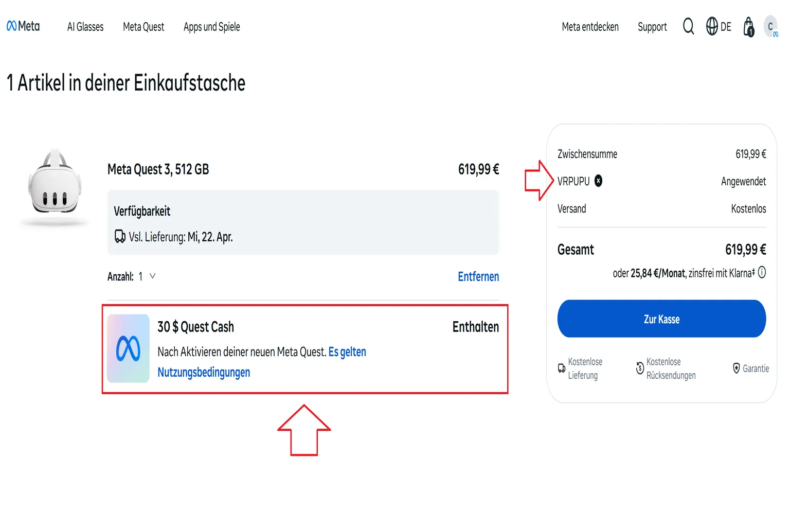 Checkout-Seite für Meta Quest 3 (512 GB). Rechts ist der VRPUPU-Rabattcode angewendet, und in der Bestellübersicht sind 30 $ Quest Cash enthalten.