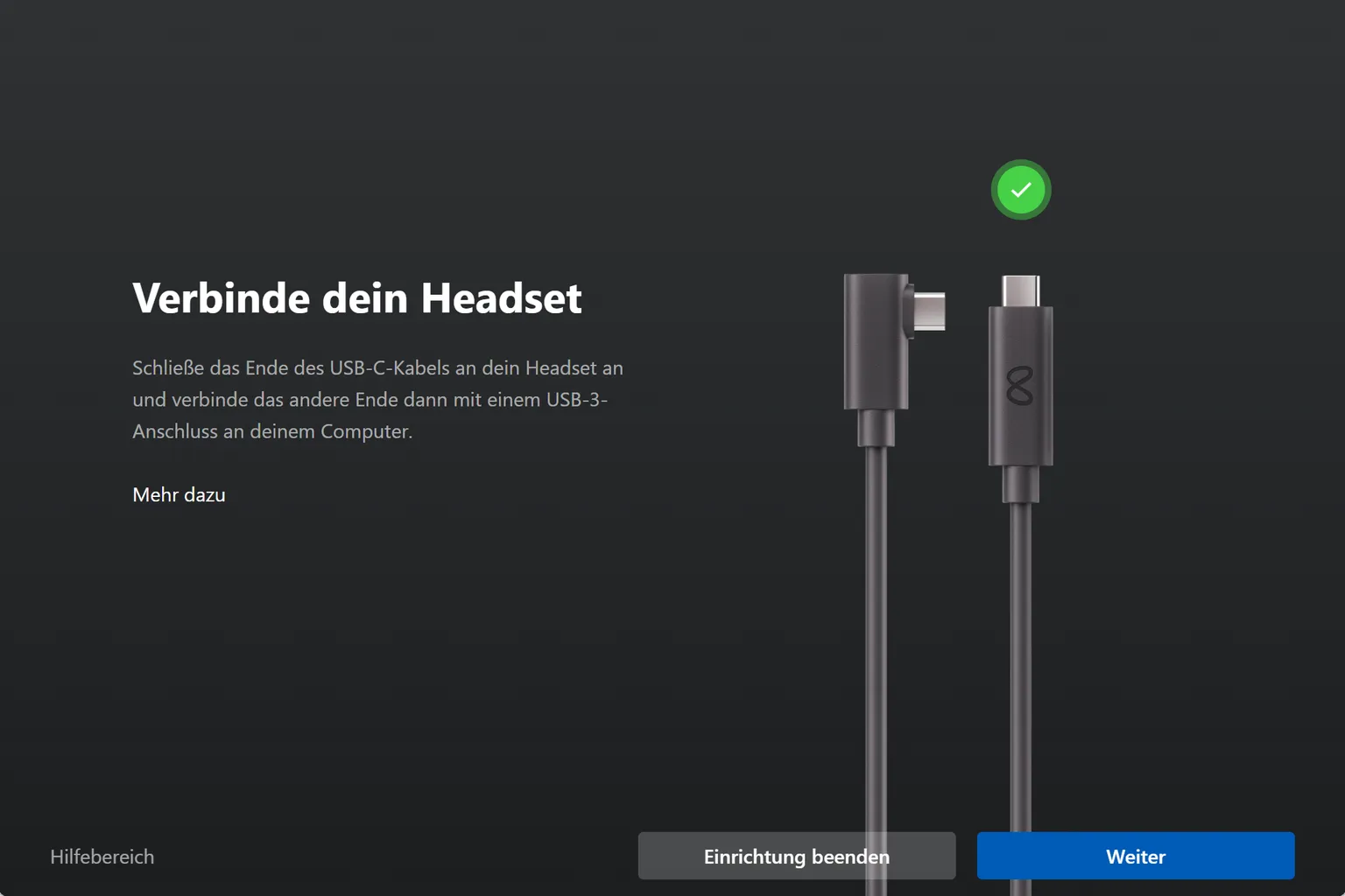 USB-C-Kabel vom Quest-Headset an einen USB-3-Port des PCs angeschlossen