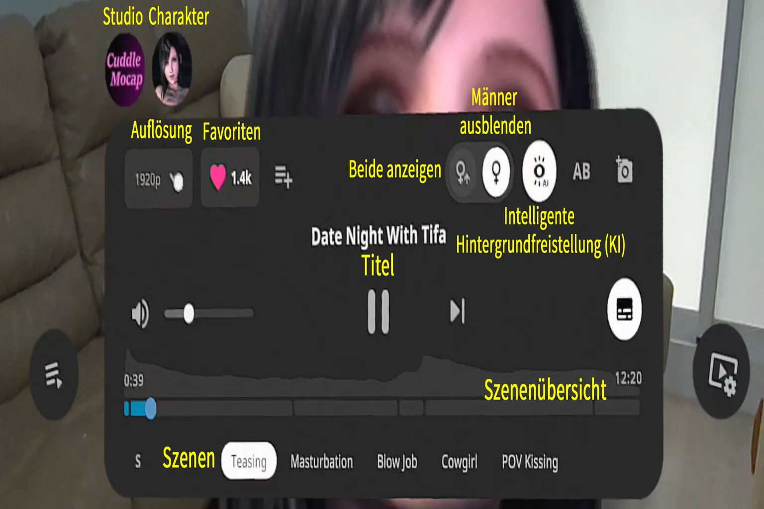 Ein Erklärungsbildschirm für das SLR-Video-Kontrollpanel. Das Layout zeigt Buttons für Auflösung, Szenenwechsel, Favoriten, Umschalten der Geschlechtsanzeige, Passthrough-Modus und weitere Funktionen, sodass die Position jeder Schaltfläche klar erkennbar ist.