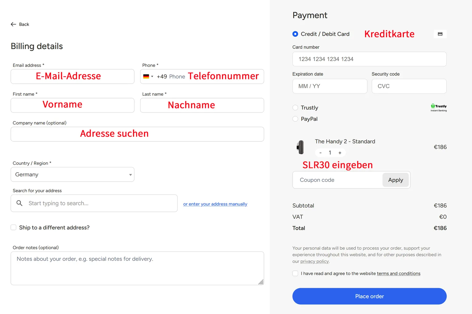 Checkout-Seite für The Handy 2, zeigt Preis ohne angewendeten Rabattcode SLR30