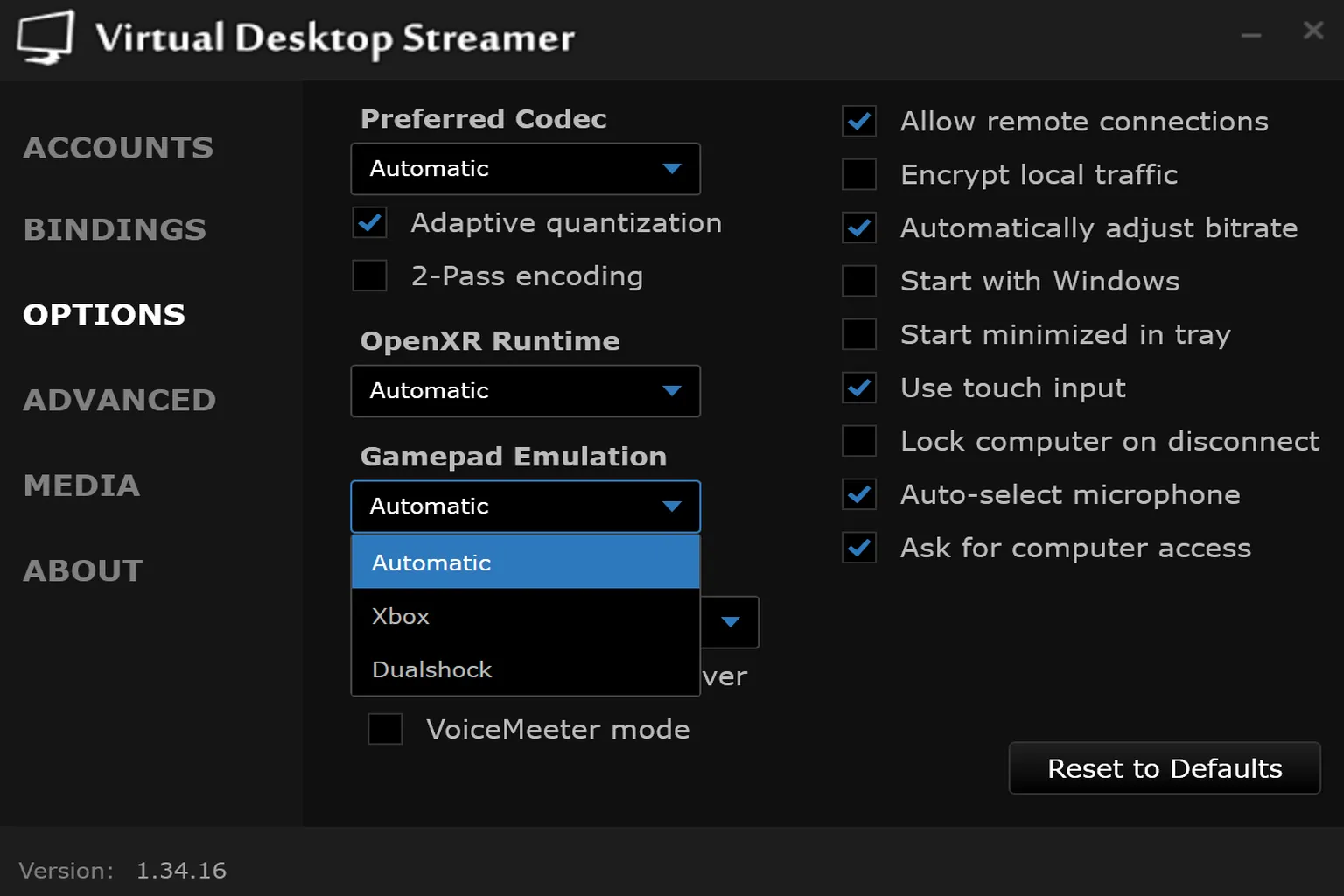 Auf der Seite für Gamepad Emulation bestimmst du, wie die VR-Controller als PC-Gamepad erkannt werden.