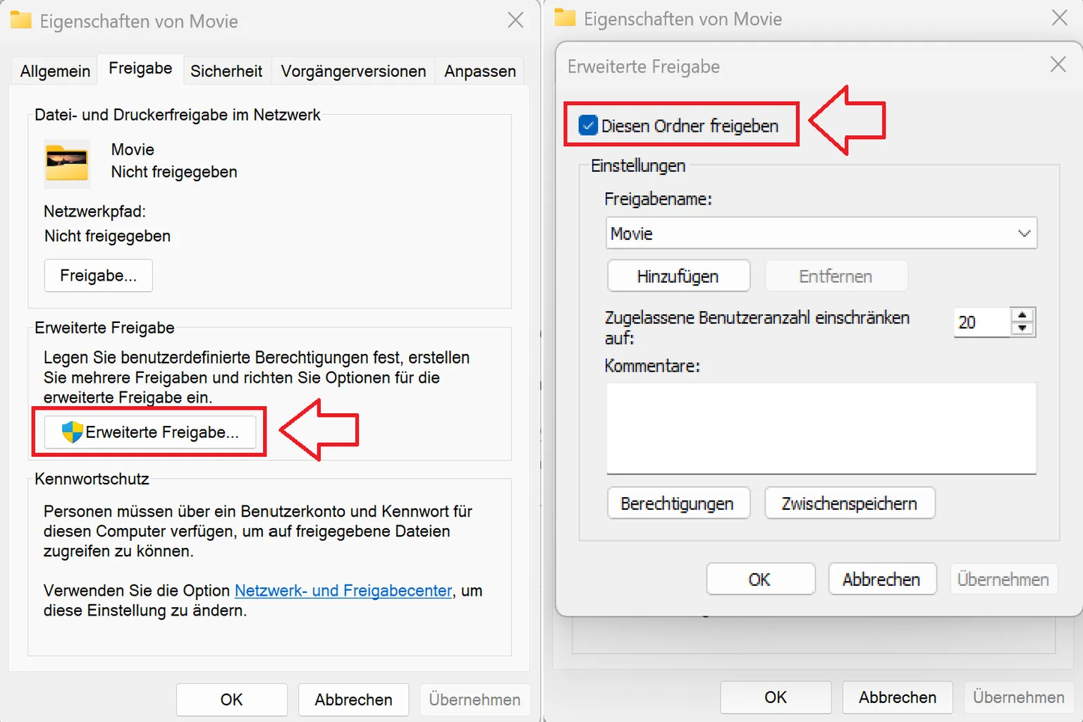Festlegen der Freigabeberechtigungen und Aktivieren der Ordnerfreigabe für den Netzwerkzugriff.