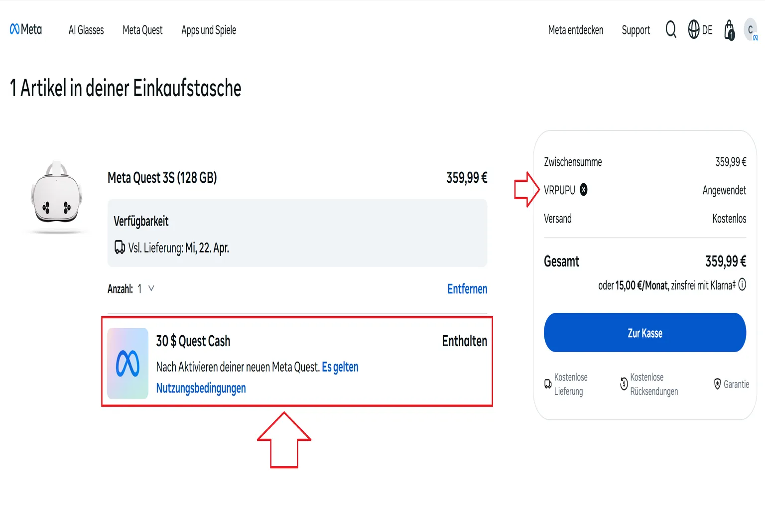 Kaufseite für Meta Quest 3S mit erfolgreich angewendetem VRPUPU-Rabattcode. Im Zwischensumme-Bereich wird „-50 $“ angezeigt, zusätzlich sind 30 $ Quest Cash enthalten.