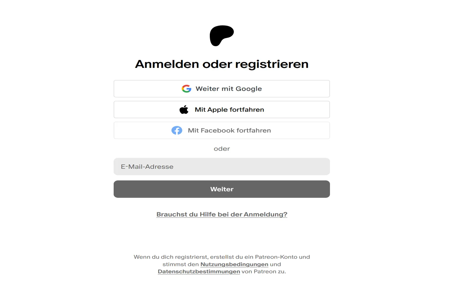 Auf der Patreon-Login-Seite kannst du dich über Google, Apple oder Facebook anmelden.