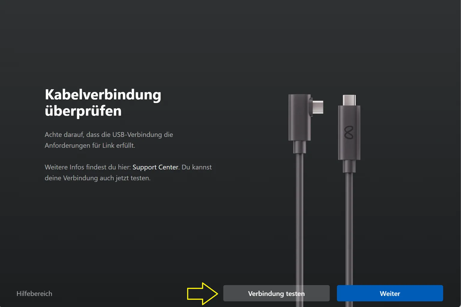 Meta Link Kabel-Testbildschirm, der prüft, ob das Kabel eine Hochgeschwindigkeitsverbindung unterstützt