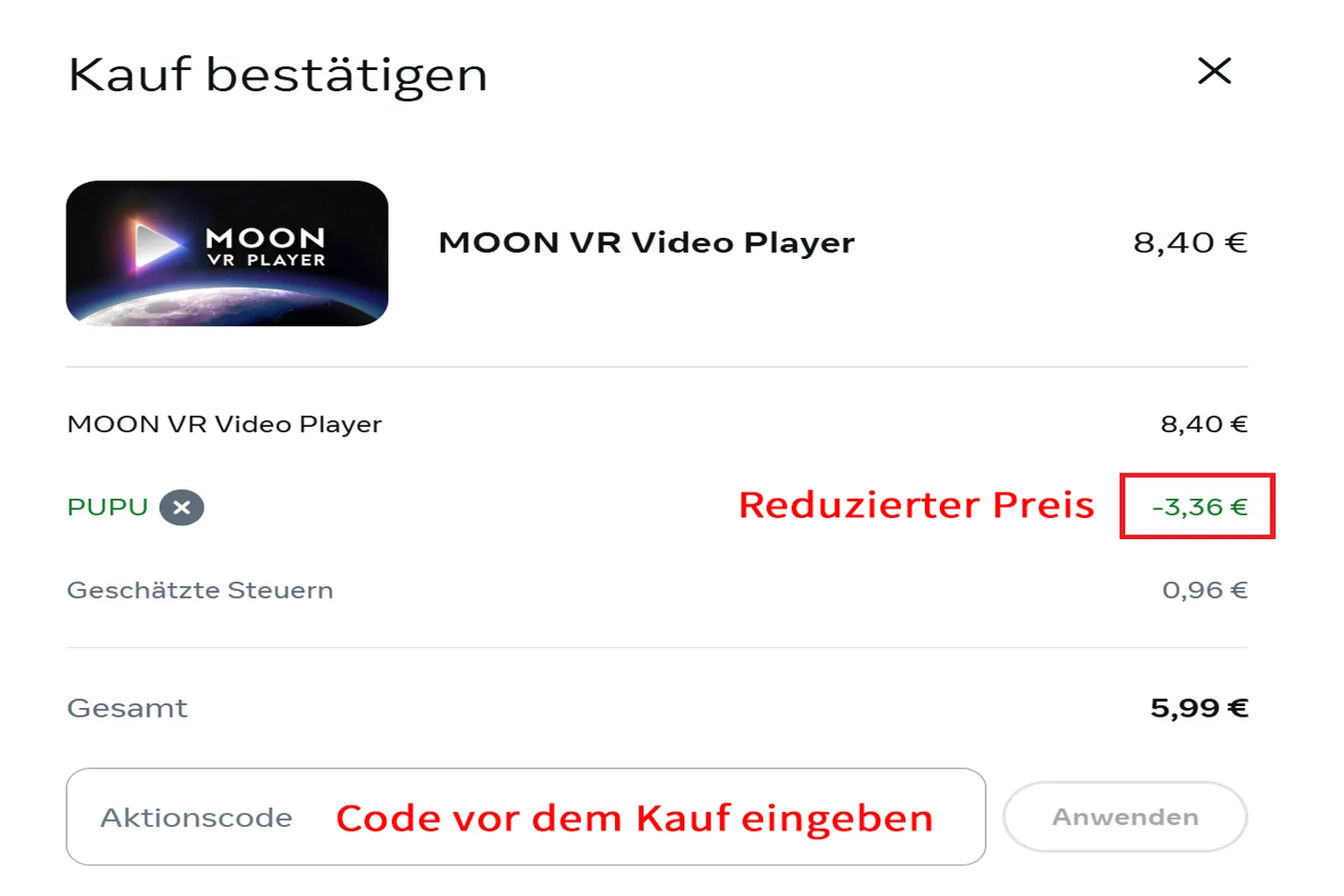 Wenn du zum Beispiel Moon VR Player im Meta Store kaufst, kannst du den Creator-Code VRPU-3A6442 anwenden. Der Preis sinkt dann auf 5,99 €, und der Rabatt wird im Code-Feld angezeigt.