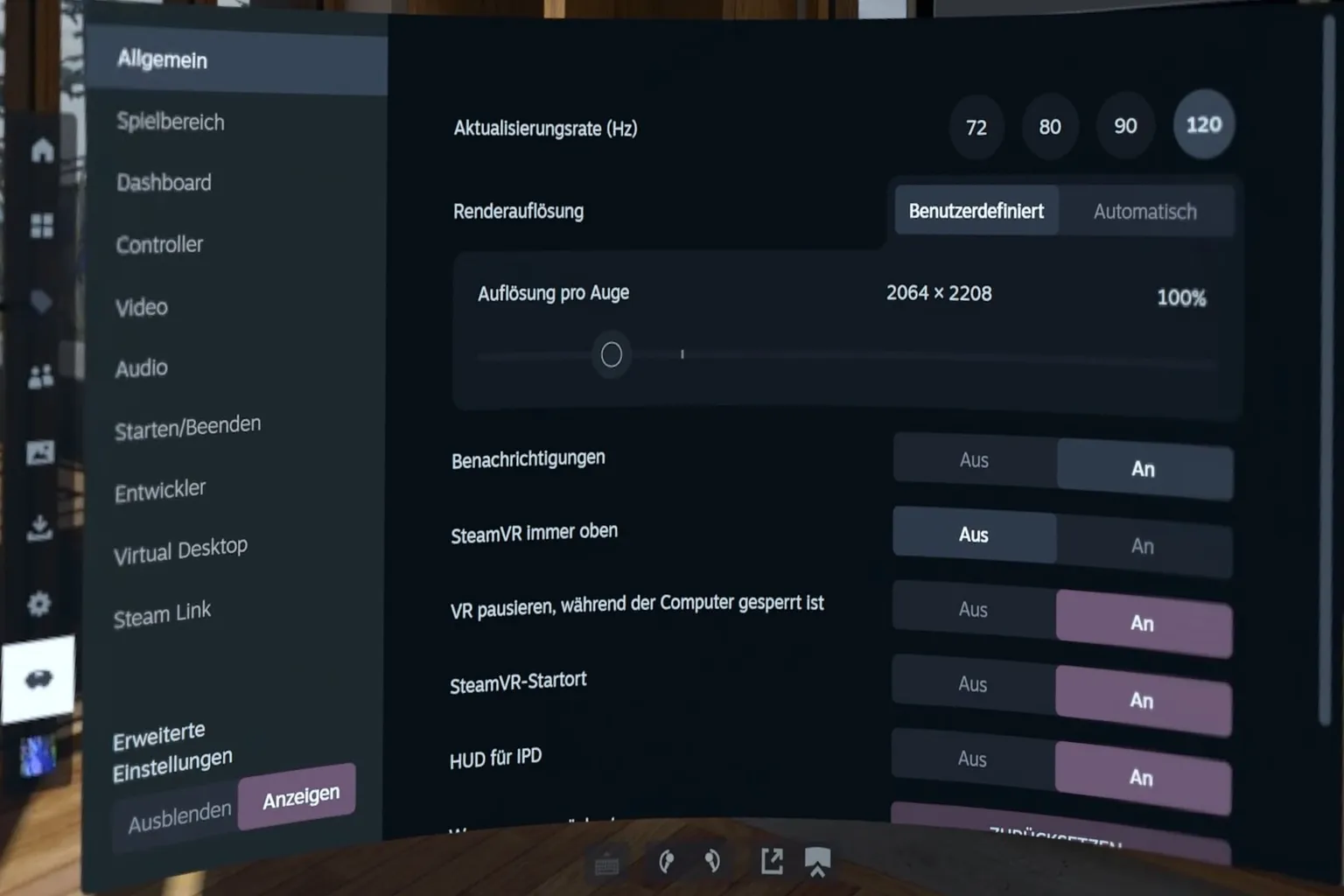 Im Bereich VR-Optionen innerhalb der Einstellungen werden Einträge für SteamVR selbst, verbundene VR-Geräte und Videoeinstellungen angezeigt.