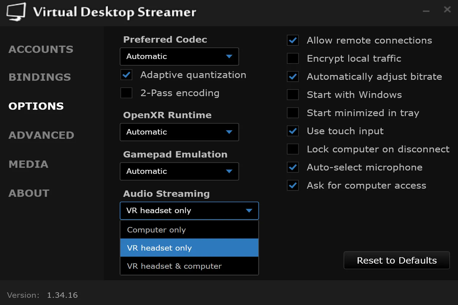 In den Audio-Streaming-Ausgabe-Einstellungen kannst du wählen, ob der Ton über das VR-Headset, die PC-Lautsprecher oder beides gleichzeitig ausgegeben wird.