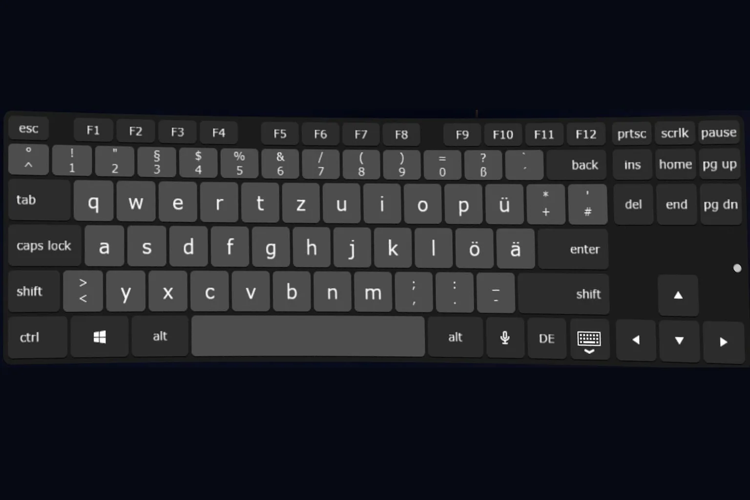 Auf dem Bildschirm der virtuellen Tastatur in Virtual Desktop ist die Taste „;“ hervorgehoben, sodass sie beim Tippen oder Einrichten von Shortcuts leicht zu erkennen ist.