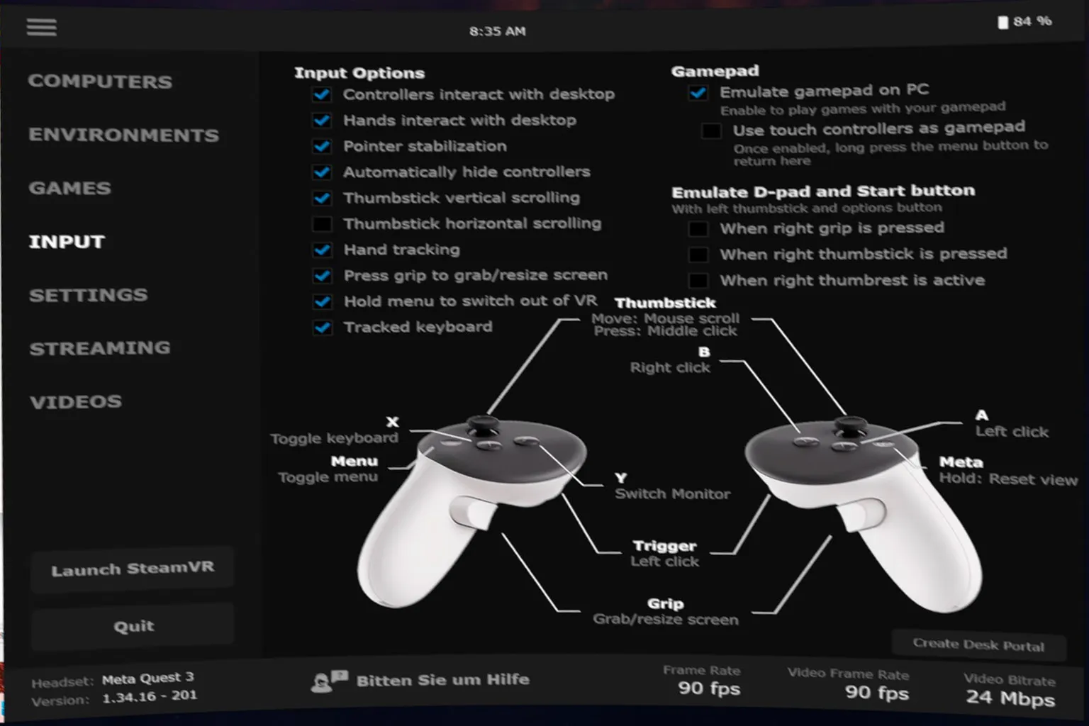 Nach dem Start eines SteamVR-Spiels werden auf dem Bildschirm Controller-Symbole zusammen mit In-Game-Steuerungshinweisen eingeblendet.