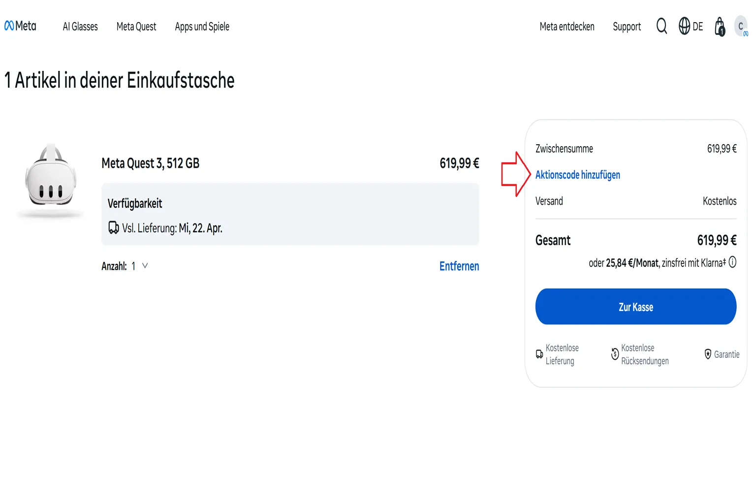 Meta-Quest-Warenkorbansicht mit eingeklappter Aktionssektion. Es ist nur die Schaltfläche Add promo code sichtbar, noch kein Eingabefeld.