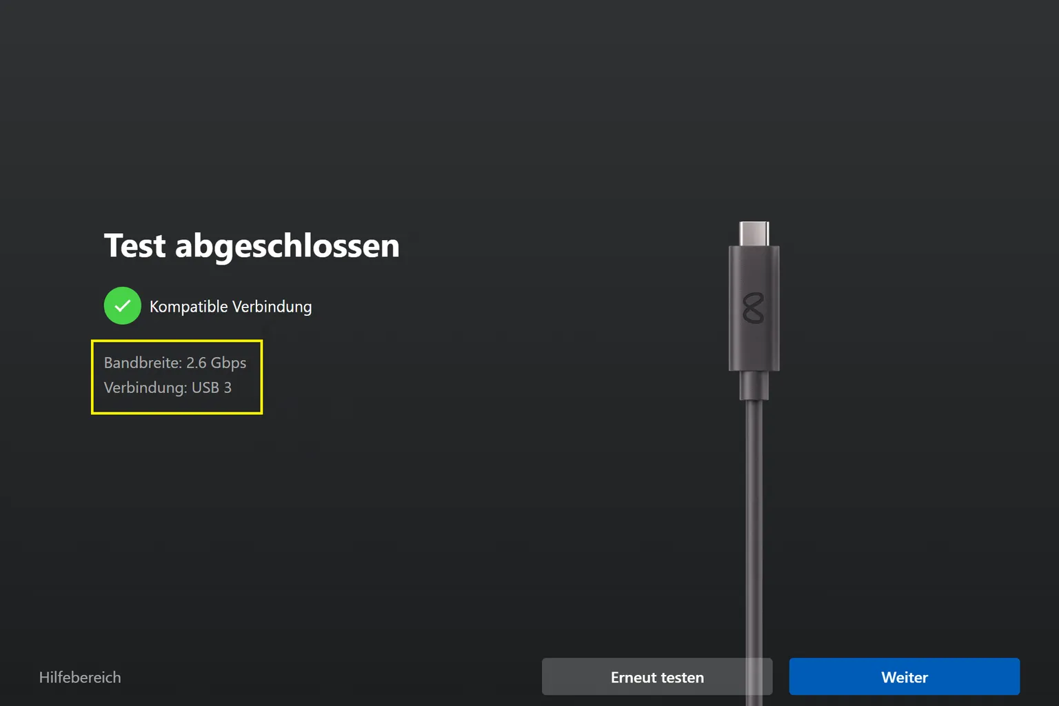 Ergebnis des Link-Kabeltests: kompatibel mit 2,3 Gbit/s Bandbreite über USB-3-Verbindung