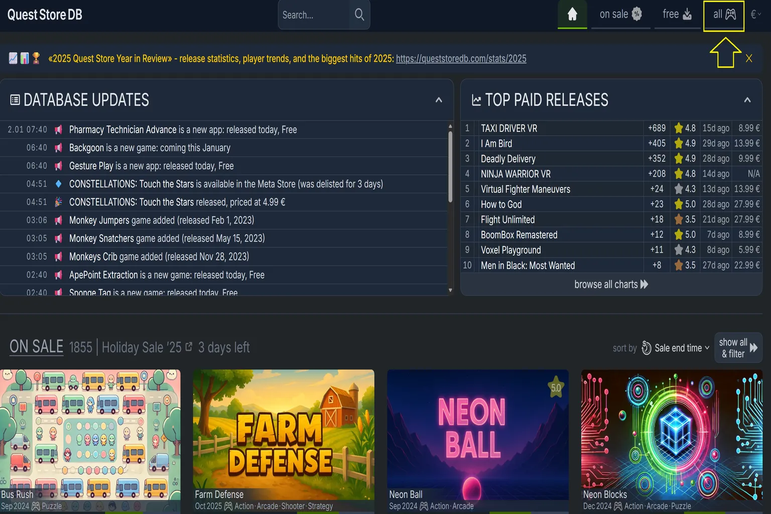Quest Store DB Startseite. Stelle im oberen Menü auf die Kategorie „All“, damit Du Cross-Buy-Spiele später schnell über eine Drittanbieter-Datenbank filtern kannst.