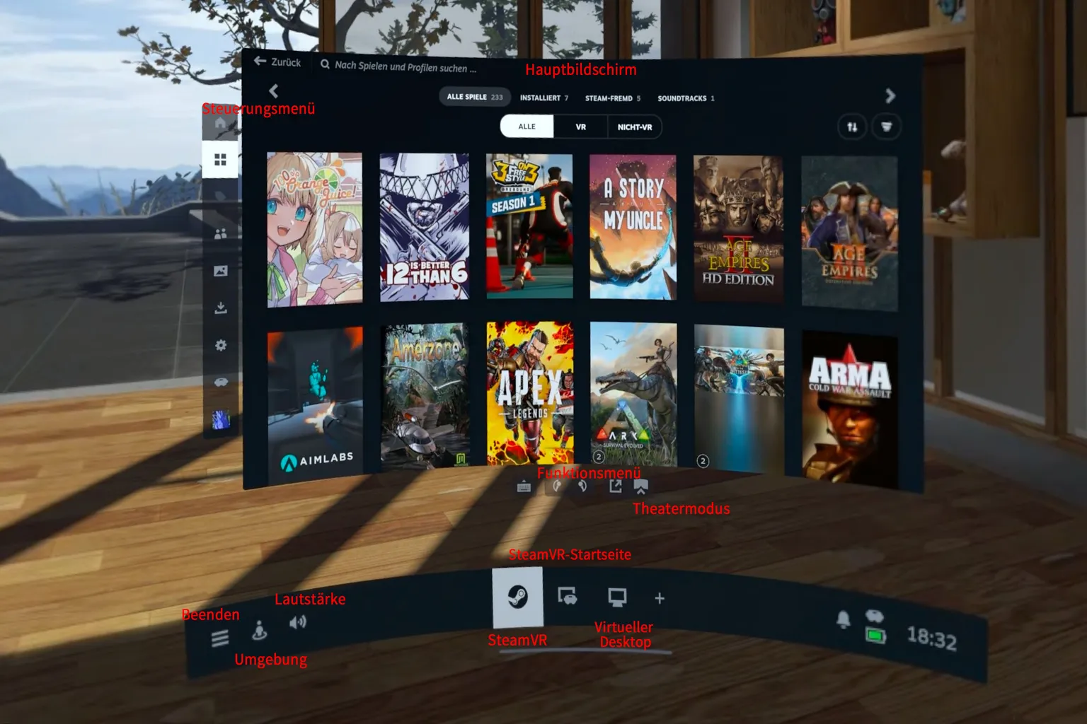Am unteren Rand der Headset-Ansicht befindet sich eine Multitasking-Leiste mit Zurück-Button, Steam-Menü und Fenstersteuerung.