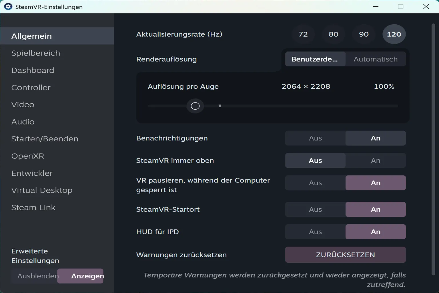 Im Bereich allgemeine Einstellungen passt du Optionen wie Bildwiederholrate, Verhalten im Vordergrund und den automatischen Start der SteamVR-Home-Umgebung an.
