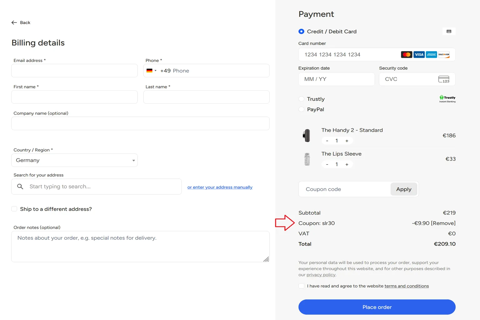 Checkout-Seite für The Handy 2 mit Sleeve, zeigt angewendeten Rabattcode SLR30 und reduzierten Gesamtpreis