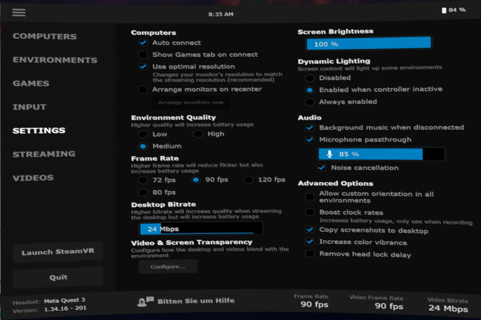 Auf der Hauptseite der Virtual Desktop Einstellungen sind die Tabs in mehrere Kategorien unterteilt.