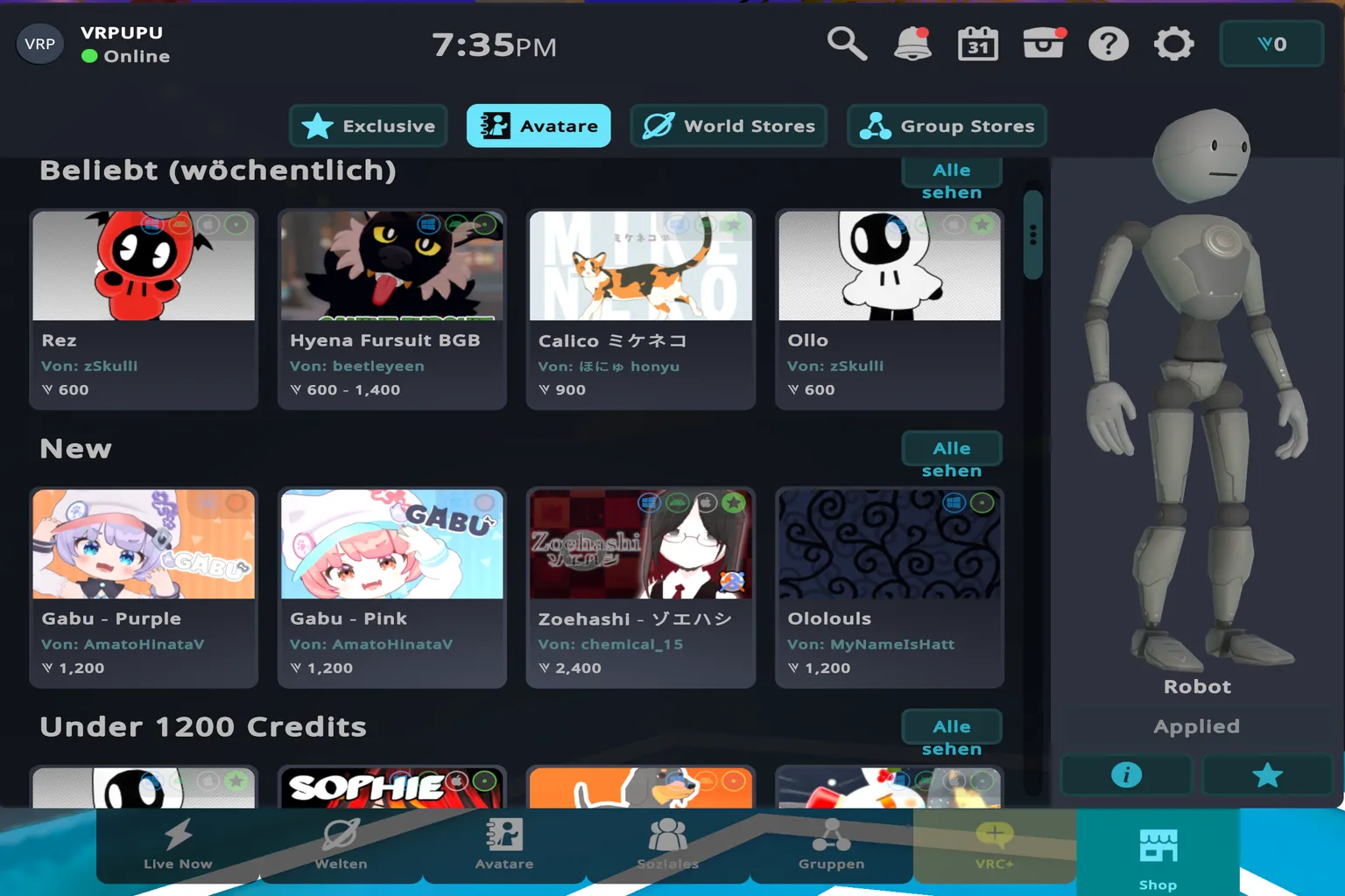 Erste Seite der VRChat-Avatarliste mit kostenpflichtigen Avataren wie Mist und Shinobi-chan.