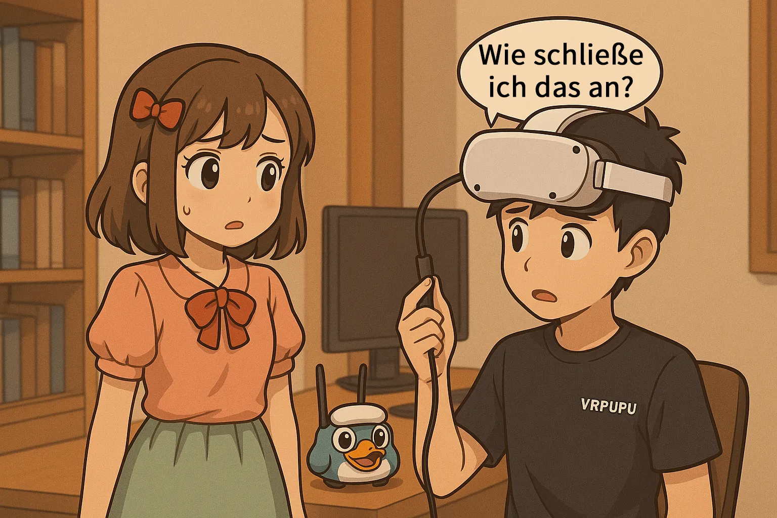 GuGu trägt ein VR-Headset und hält ein Verbindungskabel hoch. Er schaut verwirrt und fragt sich, wie man es anschließt. Neben ihm steht MengMeng und wirkt etwas nervös. Auf dem Tisch im Hintergrund sieht man einen PC-Monitor und ein VRPUPU-Wi-Fi-Gerät.