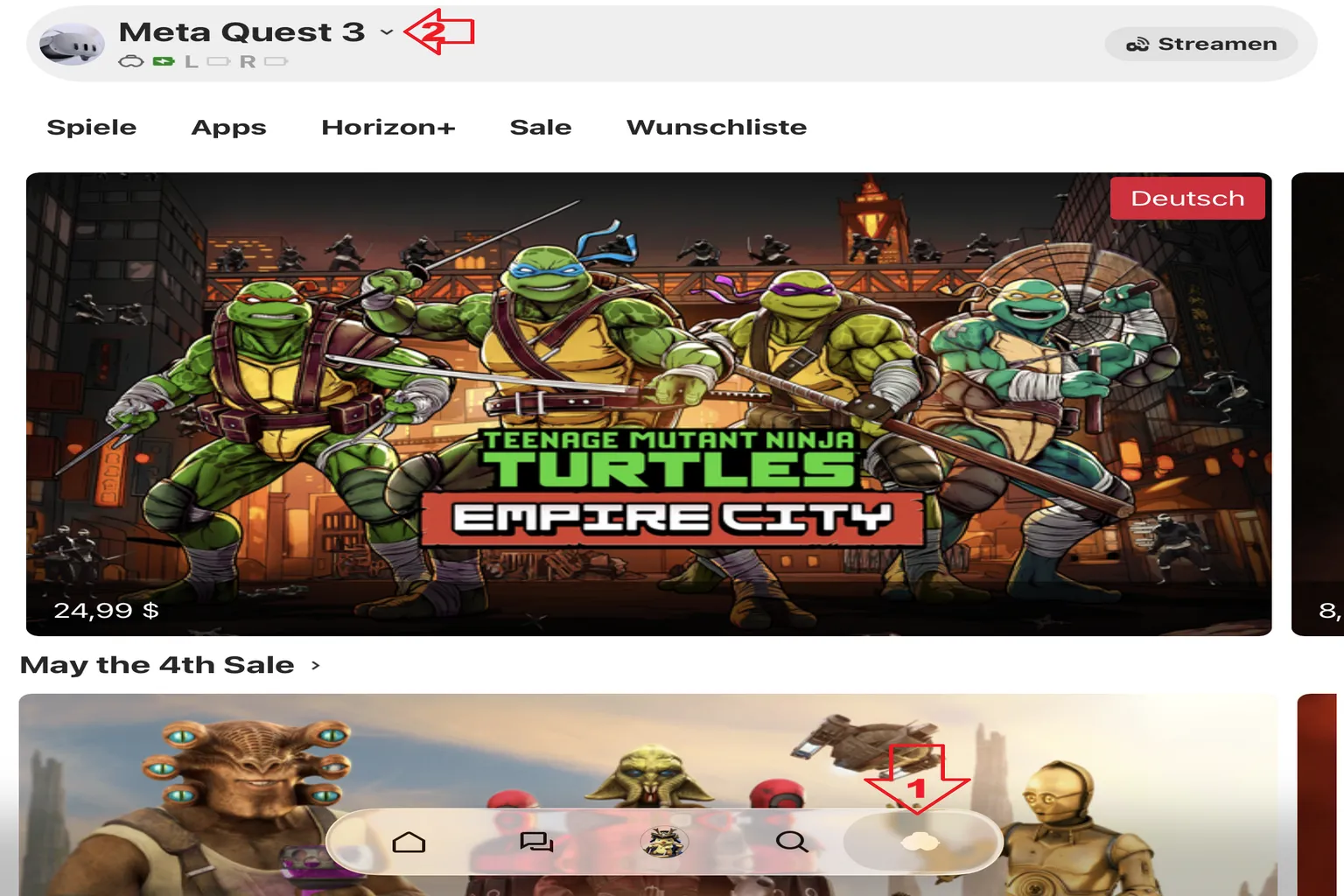 Meta Horizon App mit ausgewähltem Meta Quest 3 Gerät und Streamen-Button vor dem Casting