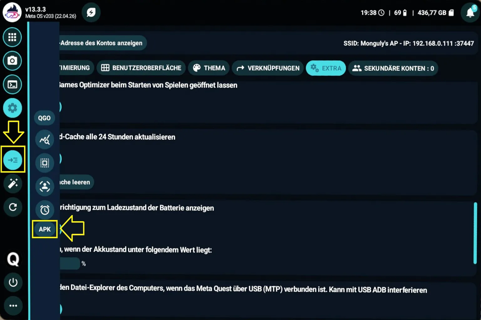 Quest Games Optimizer mit geöffneter Seitenleiste und markierter APK-Verknüpfung für die Installation von APK-Dateien
