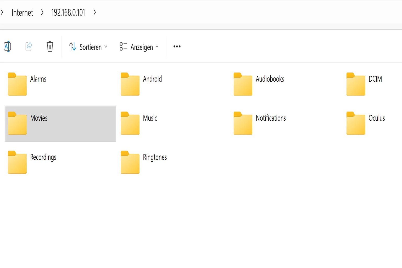 Windows-Datei-Explorer zeigt per FTP geöffnete Meta Quest Ordner wie Movies, Oculus und Recordings