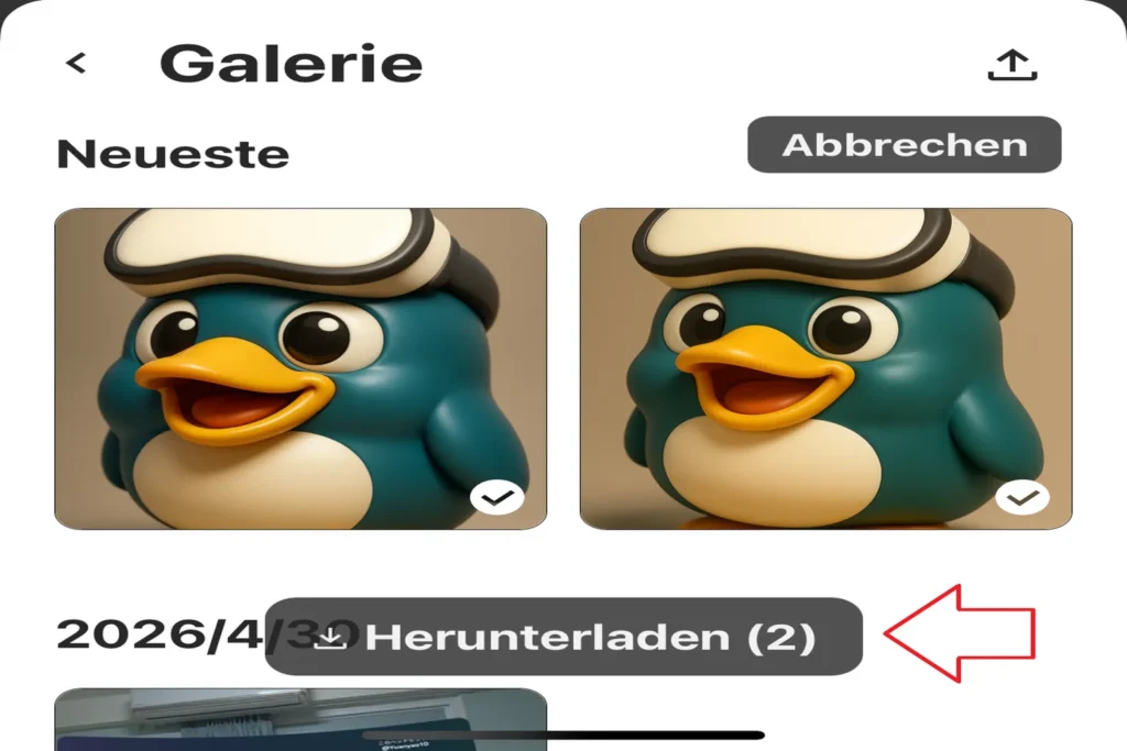 In der Meta Horizon Galerie sind zwei Fotos ausgewählt und der Button Herunterladen (2) ist mit einem roten Pfeil markiert.