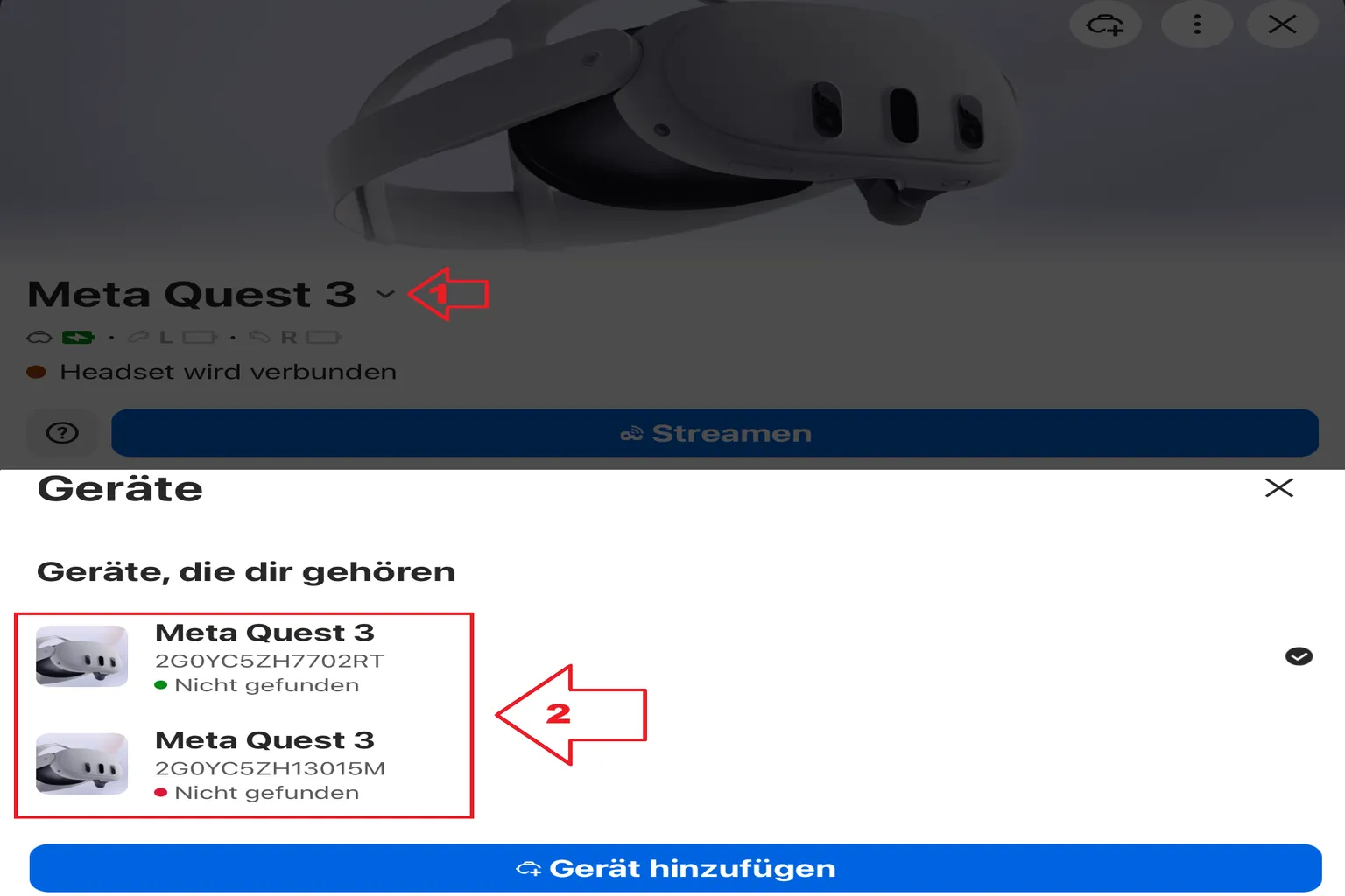 Meta Horizon App zeigt mehrere Meta Quest 3 Geräte zur Auswahl vor dem Casting
