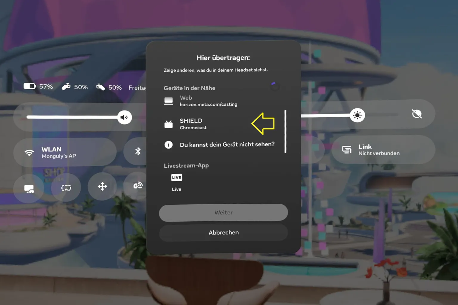 Meta Quest Übertragungsmenü mit auswählbarem Chromecast-Gerät für die TV-Ausgabe