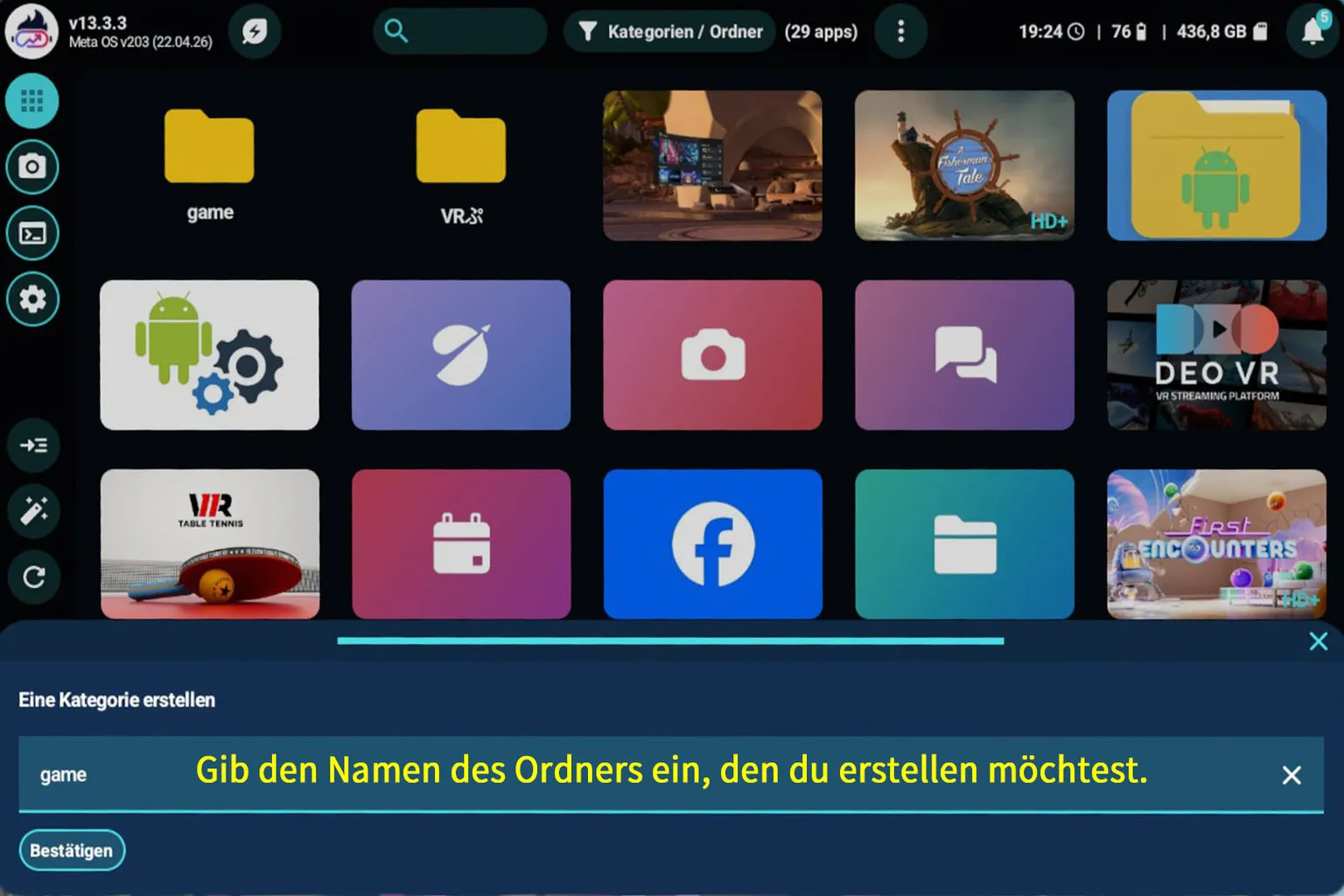 Quest Games Optimizer Dialog zum Erstellen einer Kategorie mit dem Ordnernamen game und Bestätigen-Schaltfläche