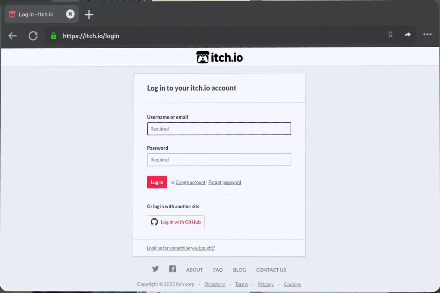itch.io-Login-Seite im Meta Quest Browser mit Feldern für Benutzername oder E-Mail und Passwort