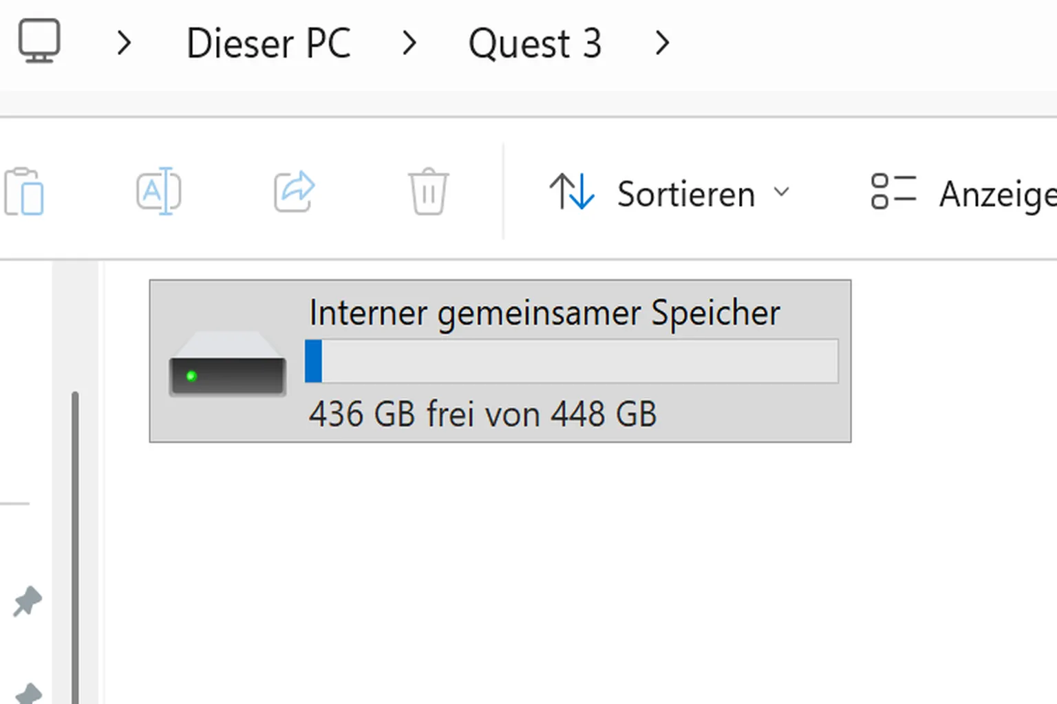 Windows-Datei-Explorer erkennt die Quest 3 per USB und zeigt den internen gemeinsamen Speicher an