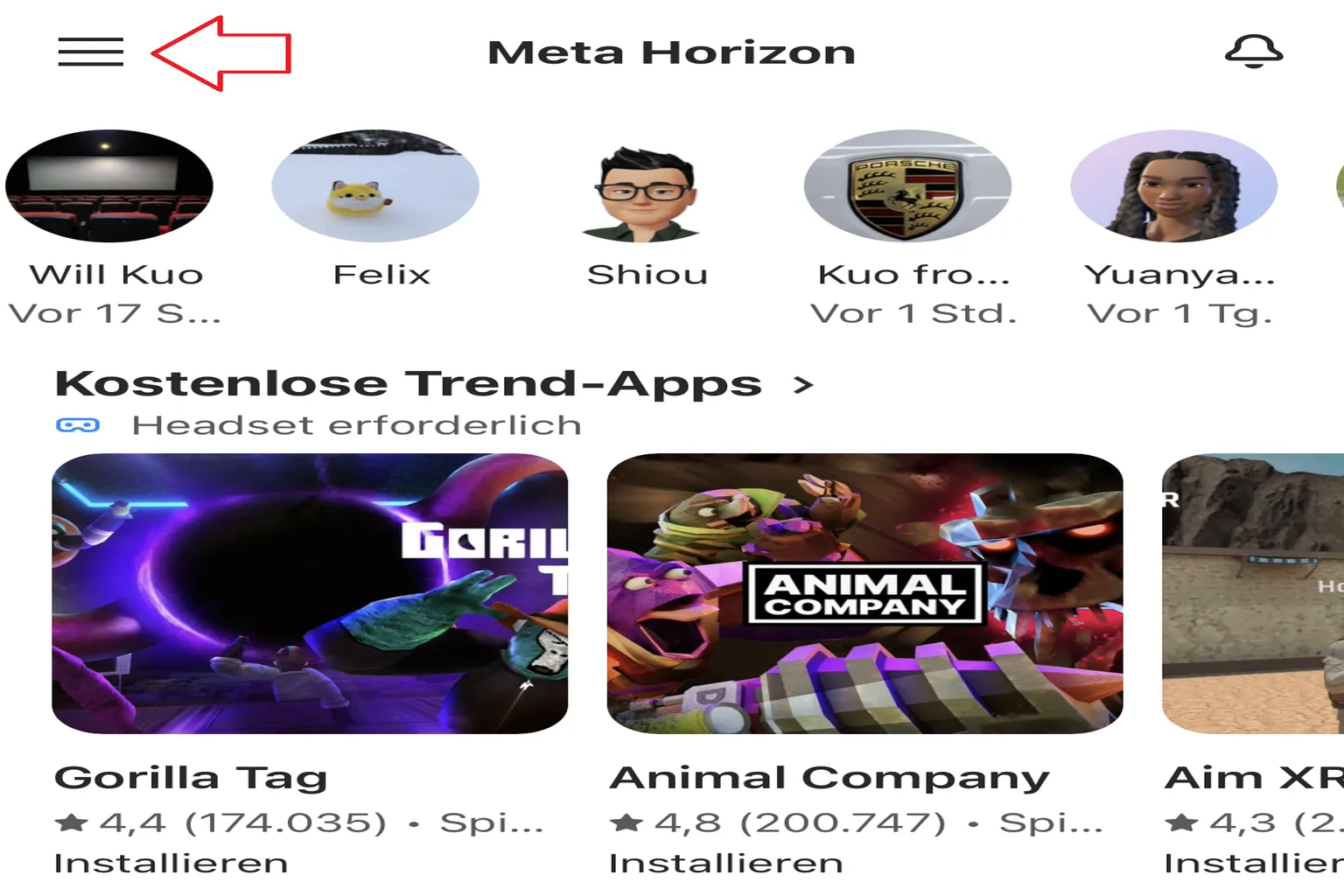 Meta Horizon App Startseite mit hervorgehobenem Menü-Symbol oben links