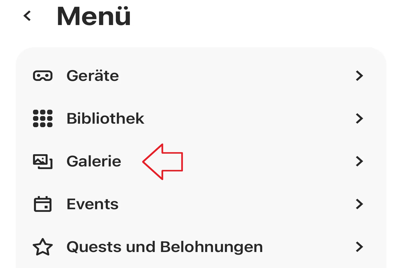 Meta Horizon Menü mit hervorgehobener Galerie-Option