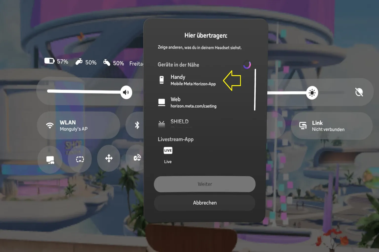 Meta Quest Übertragungsmenü mit ausgewählter Handy-Option für die Meta Horizon App