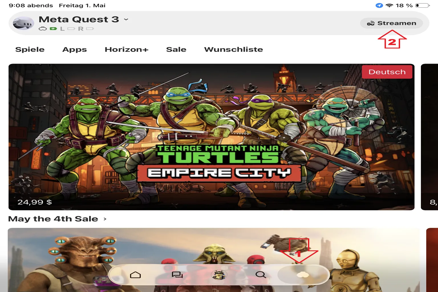 Meta Horizon App auf dem Smartphone mit markiertem Streamen-Button für Meta Quest Casting