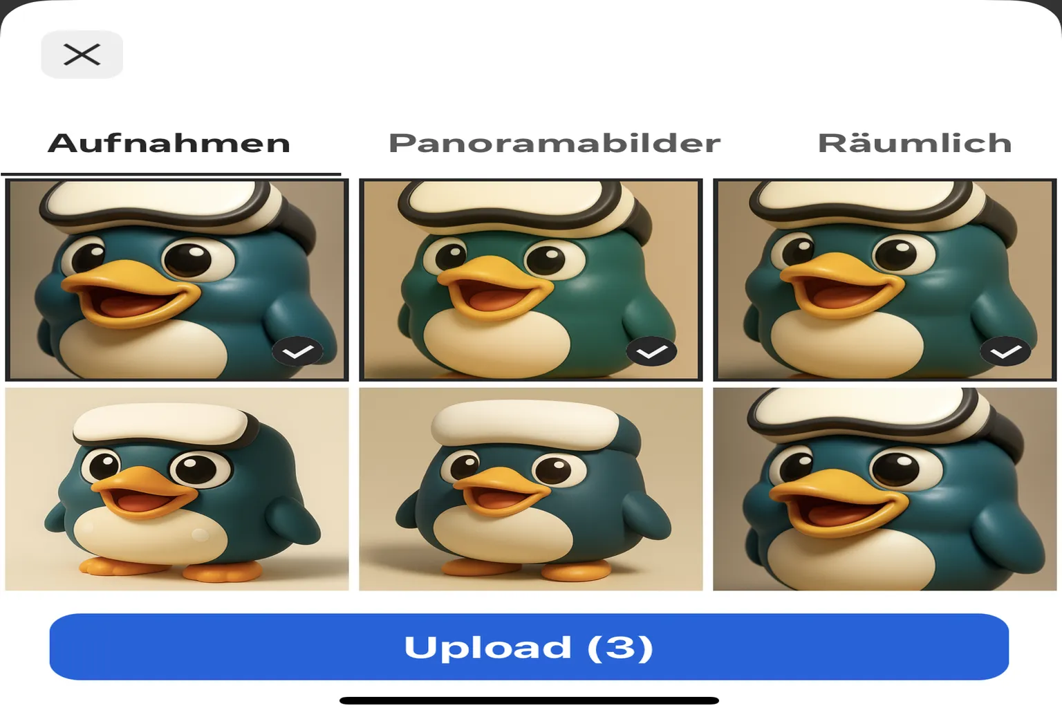 Meta Horizon Galerie mit ausgewählten Bildern und Upload-Schaltfläche für Medien