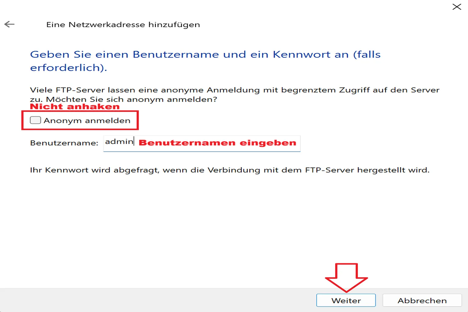 Windows-Assistent mit eingegebenem FTP-Benutzernamen und deaktivierter anonymer Anmeldung