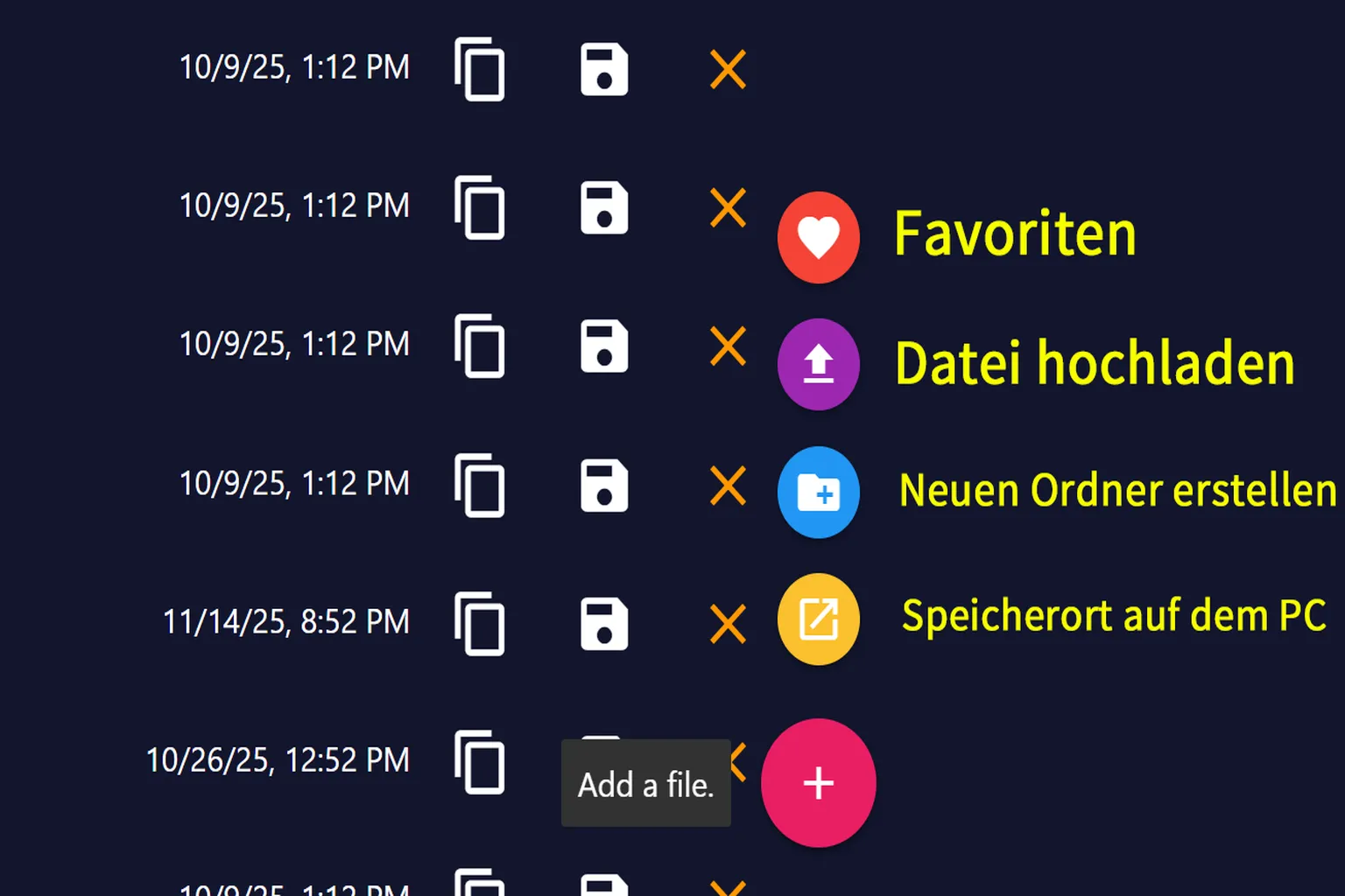 SideQuest File Manager mit erklärten Symbolen für Favoriten, Datei hochladen, neuen Ordner erstellen und Speicherort auf dem PC